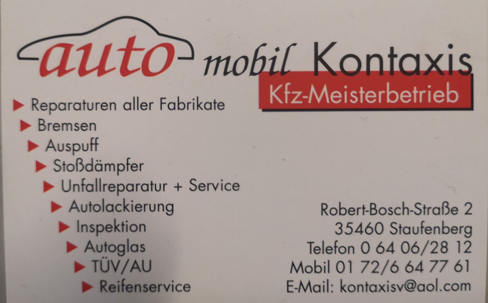 Visitenkarte von Auto mobil Kontaxis mit Leistungen und Kontaktdaten